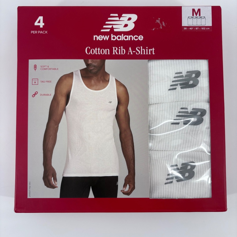 New Balance Mens 4 Pack Cotton Rib A-Shirt White Size Medium Tagless Undershirts